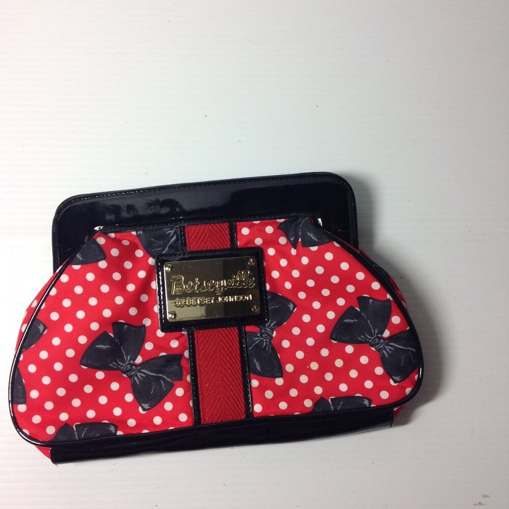 Betseyville by Betsey Johnson Clutch Bag Read & White Dot Pattern with Ribbons